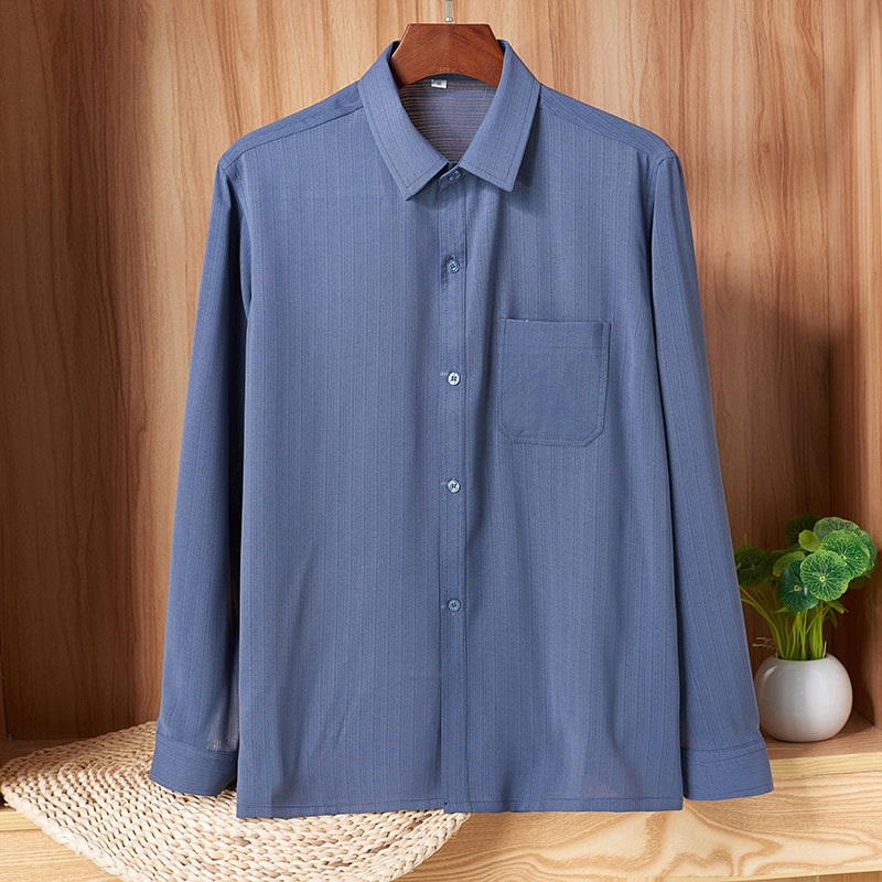 男春夏爸爸冰丝衬衫中年男士镂空长袖衬衣中老年薄款爷爷速干上衣