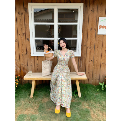 甜辣多多 短袖碎花纯棉连衣裙女春夏V领长短款修身收腰裙Z3801