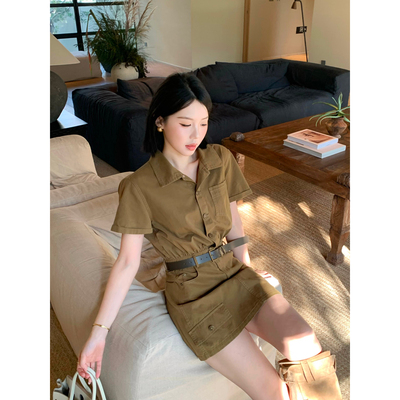 甜辣多多 100棉 2026年春夏收腰工装裙复古休闲风翻领连衣裙S2630