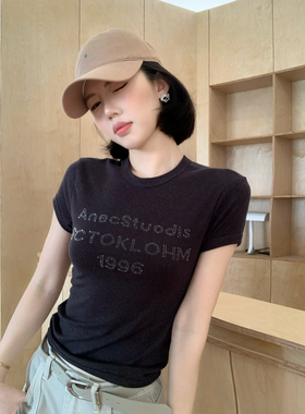 甜辣多多 2026春夏天丝亚麻字母烫钻修身显瘦百搭短袖上衣女W9816