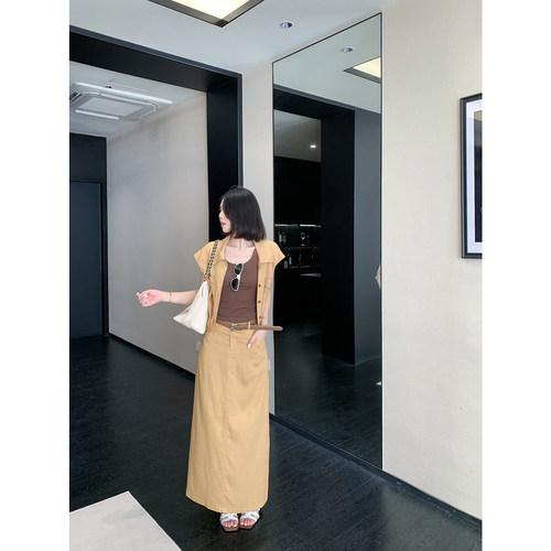 甜辣多多 莱赛尔亚麻松弛老钱风无袖衬衫上衣直筒半裙两件套S2776