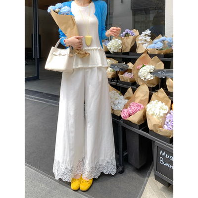 甜辣多多 2026春夏新款天丝棉下摆绣花花边设计阔腿长裤女Z3772