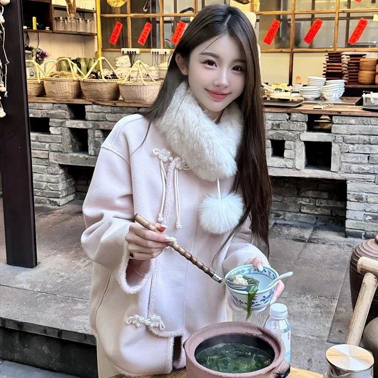 韩系新款新中式粉色小香风双面尼外套女秋冬中长款毛领毛呢大衣