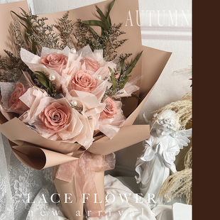 高级复古卡布基诺永生花玫瑰真花干花花束大束送女朋友妈妈上海