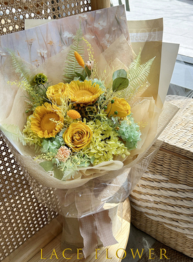 一举夺魁黄色自然风混搭向日葵永生花高级感真花大手捧花束毕业照