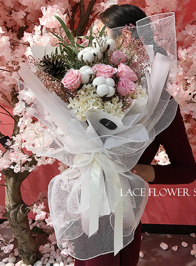 白色超大干花花束粉玫瑰ins情人节毕业永生花真女友生日保鲜上海