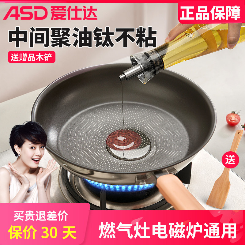 【新品】爱仕达煎锅平底锅钛不粘锅聚油煎锅不锈钢家用牛排煎炒锅
