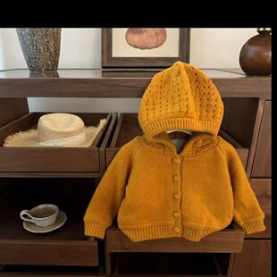 女童冬装新款镂空钩花加厚毛衣外套女宝宝森系针织衫上衣连帽衣服