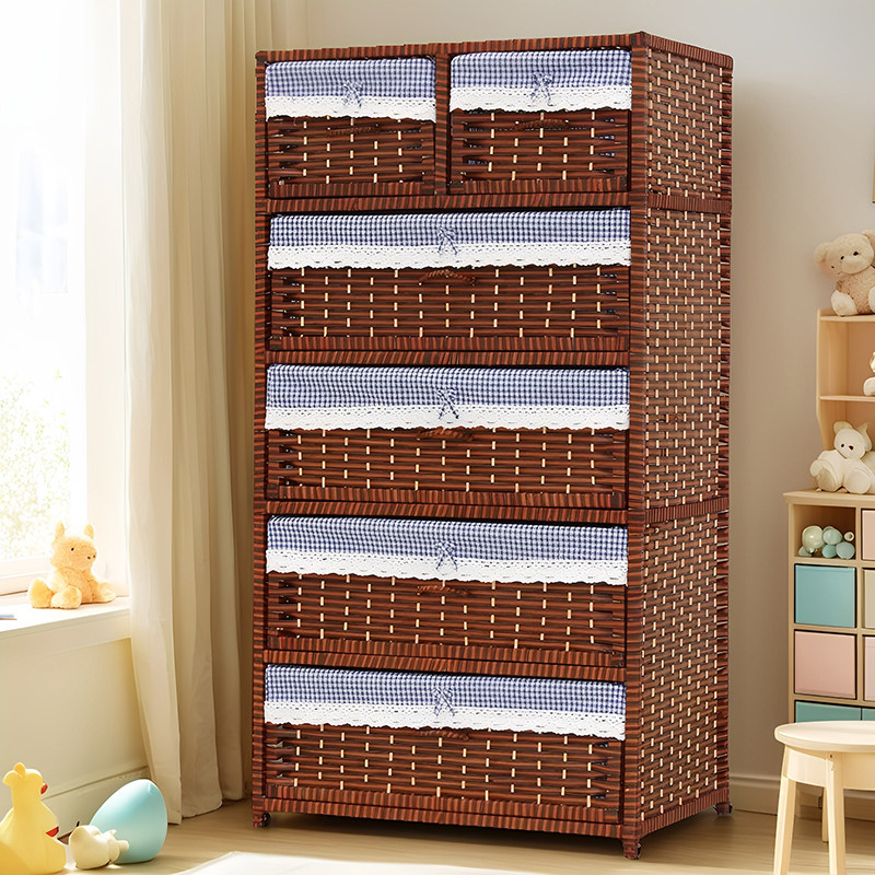加厚藤编抽屉式收纳柜实木婴儿童箱宝宝衣柜子储物柜五斗柜整理柜
