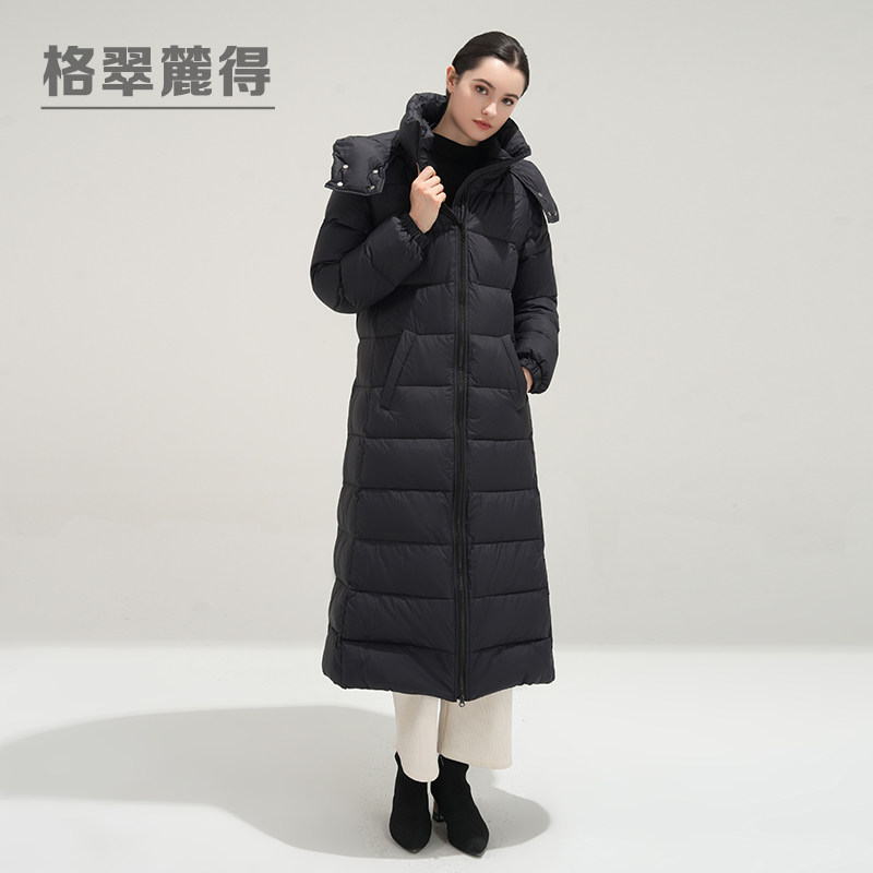 格翠麓得长款羽绒服女连帽过膝加厚保暖外套黑色通勤90白鸭绒