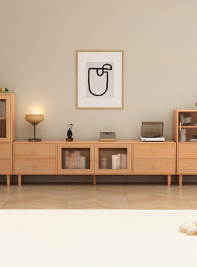 实木茶几电视机柜边柜组合小户型客厅家用原木风落地收纳储物一体