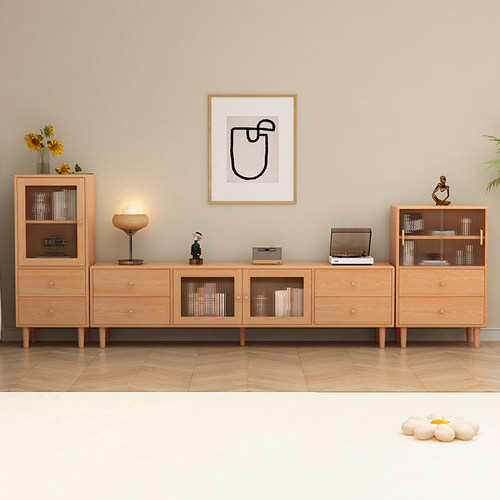 实木茶几电视机柜边柜组合小户型客厅家用原木风落地收纳储物一体