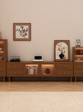 中古风实木茶几电视机柜边柜组合小户型客厅家用落地收纳储物一体