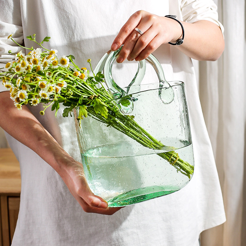 创意玻璃包包摆件百合玫瑰花瓶家用客厅装饰品台面花插养鱼缸简约