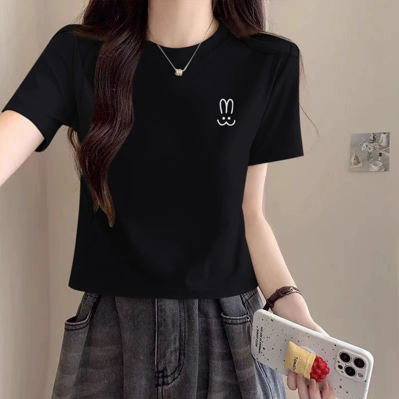 高级感正肩黑色短款T恤女2025新款欧货夏季纯棉修身显瘦短袖上衣