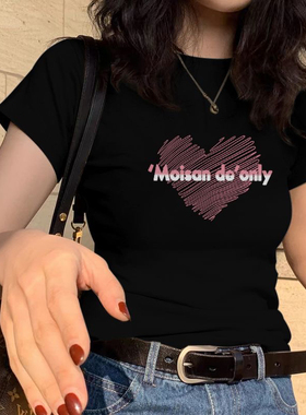 145小个子微胖正肩印花别致黑色短袖T恤女夏季新款短款上衣高级感