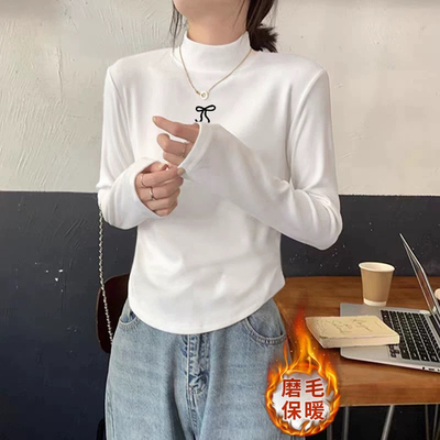半高领打底衫女秋冬加厚内搭2025新款白色磨毛不规则长袖短款上衣