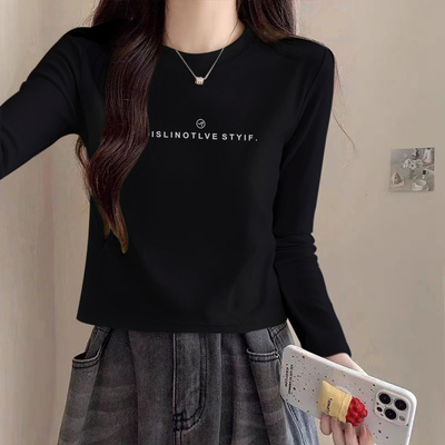 高级感黑色正肩短款显瘦长袖T恤女2025新款春秋季内搭纯棉打底衫