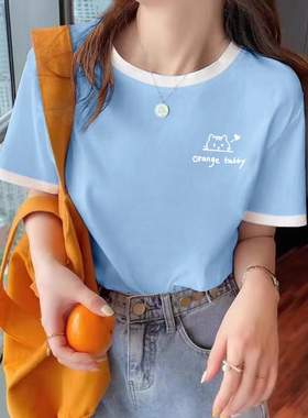 小众别致浅蓝色短袖t恤女2025夏季新款纯棉正肩宽松上衣百搭洋气t