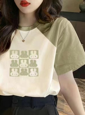 小众别致拼接上衣2025新款果绿色纯棉短袖t恤女宽松圆领百搭洋气