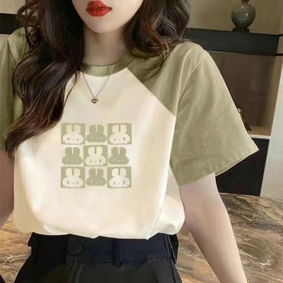小众别致拼接上衣2025新款果绿色纯棉短袖t恤女宽松圆领百搭洋气