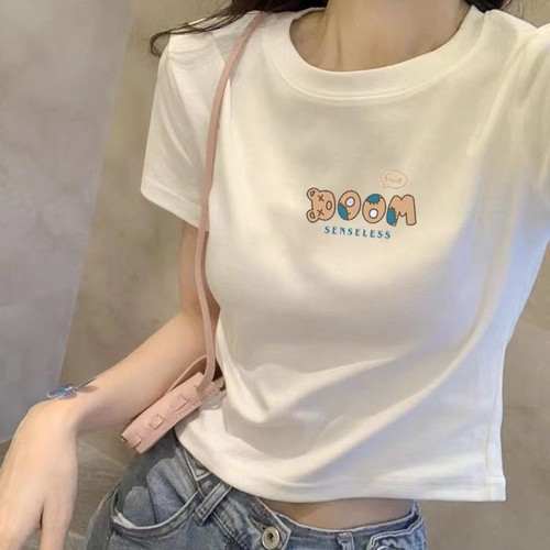 高档纯棉白色短袖女夏季2025新款简约百搭t恤小个子短款正肩上衣