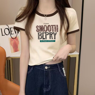 夏季2025新款纯棉正肩拼接洋气短袖t恤女修身高腰小个子短款上衣