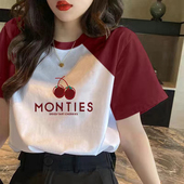 纯棉t恤短袖 上衣 遮肉宽松显瘦拼色小众设计感半袖 女2025新款 夏季