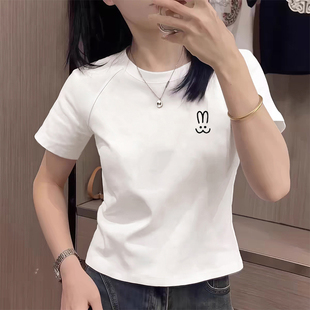 高档短款 短袖 t恤女小众设计感高腰上衣搭配阔腿裤 T恤显瘦 正肩法式