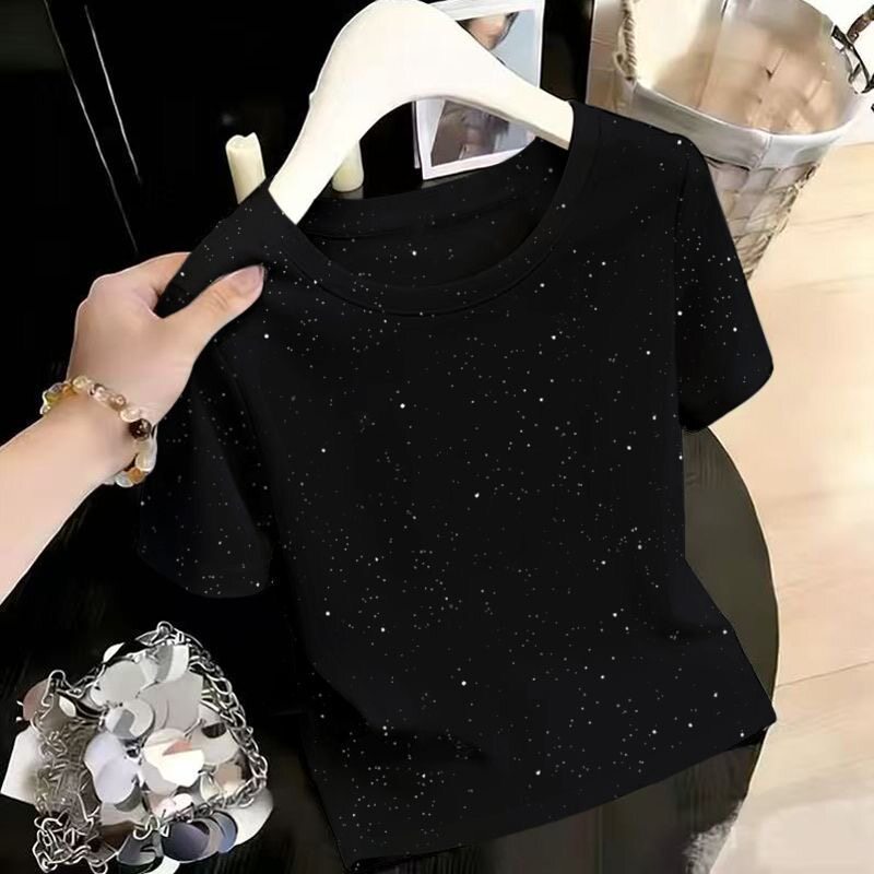 欧货高级感亮闪闪黑色时尚短款显瘦短袖t恤女设计感小众正肩上衣图片