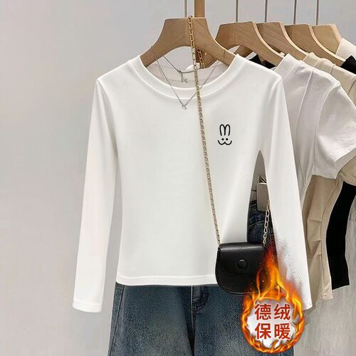 秋冬新款小个子短款正肩德绒圆领长袖打底衫女保暖内搭设计感上衣