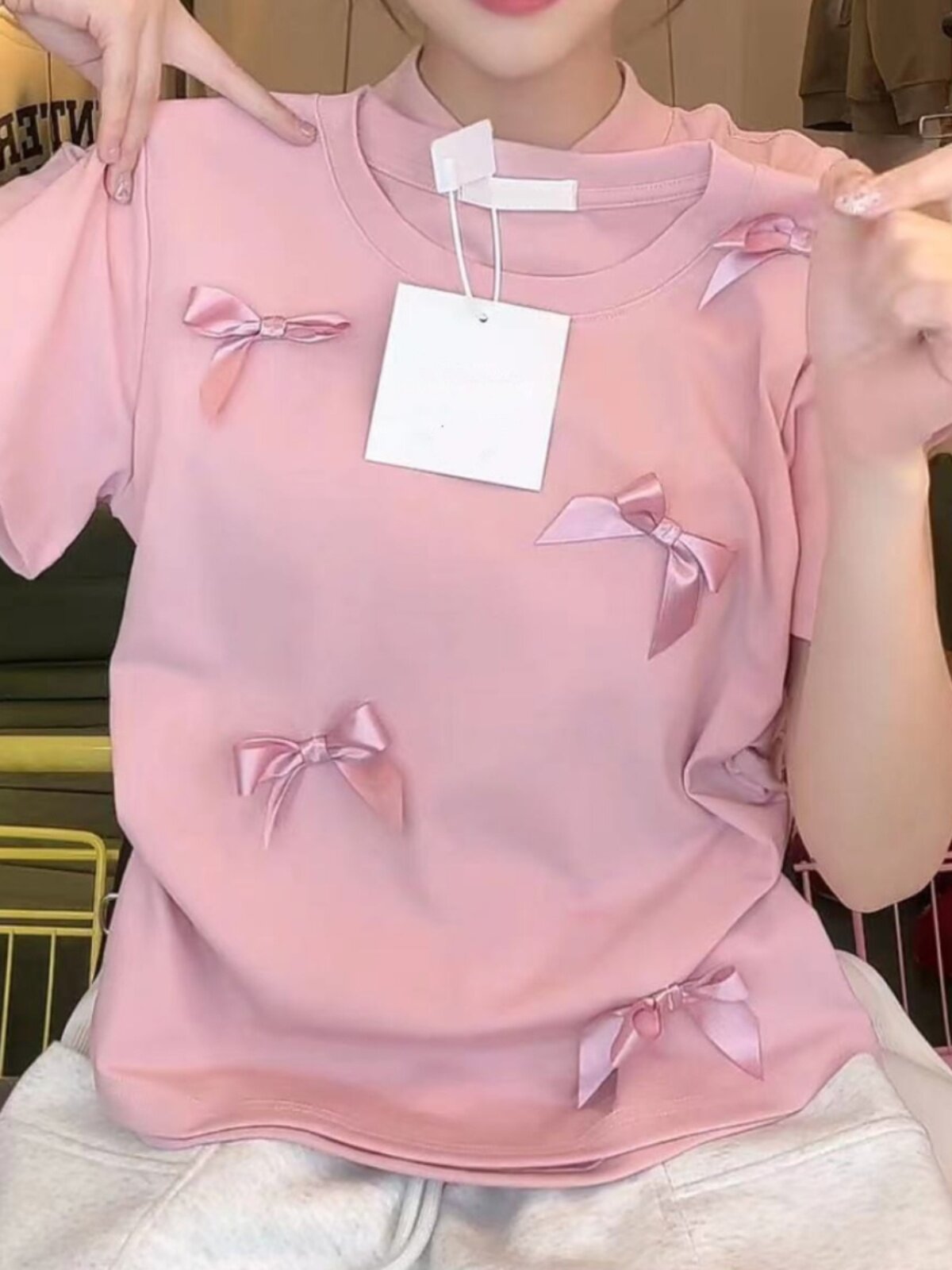 COTTON KOREA DONGDAEMUN 2024 SUMMER WOMENS NEW ROUND NECK BOW SWEET AGE REDUCTION SHORT SLEEVE T-SHIRT WOMEN