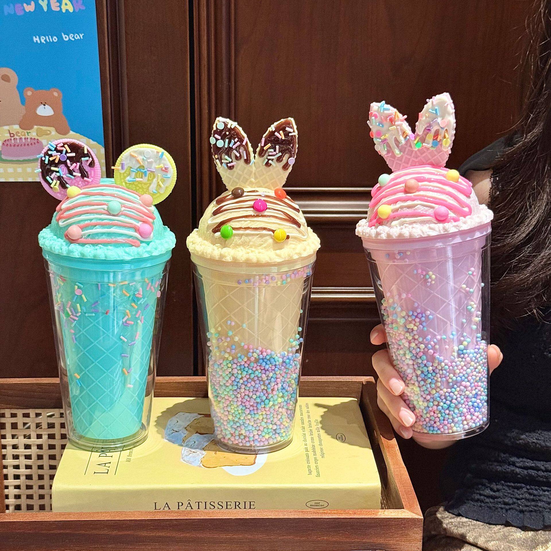 米奇碎冰杯夏季创意可爱渐变色水杯塑料双层便携家用兔耳吸管杯