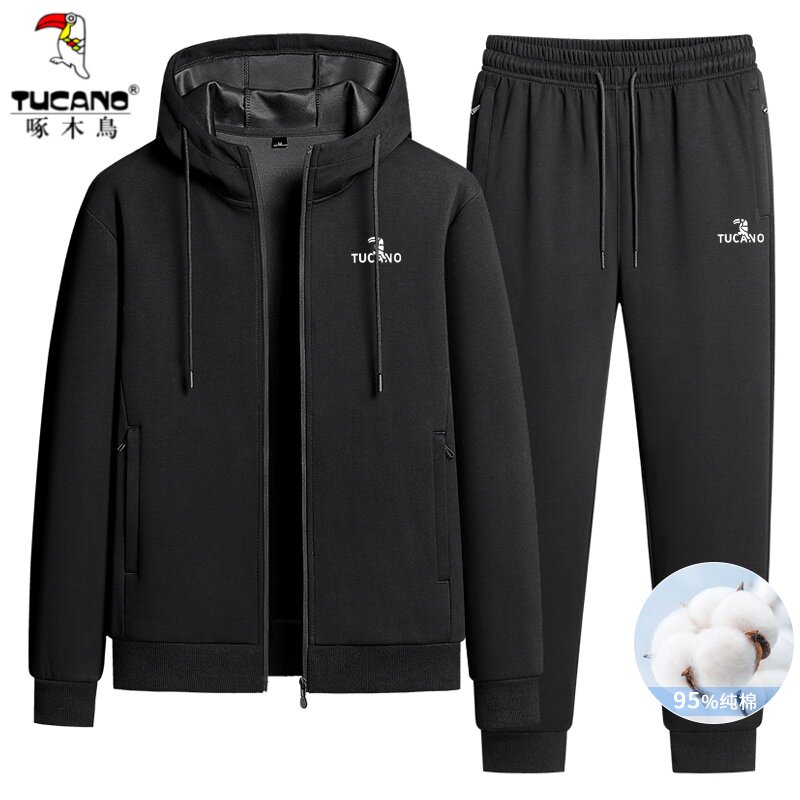 啄木鸟运动套装男士春秋新款纯棉加绒加厚连帽休闲衣服裤子两件套