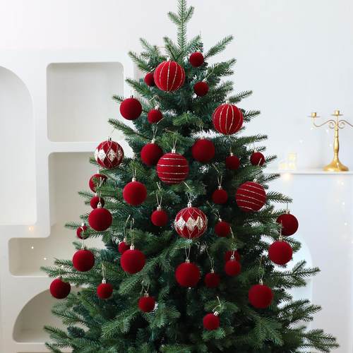 圣远新款天鹅绒圣诞球套装圣诞树植绒彩绘圣诞球装饰品橱窗挂件