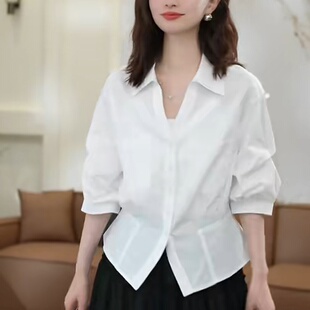 知性薄款 流行風(fēng)格 2025夏季 松弛感女白色法式 襯衫 開衫 獨特短袖