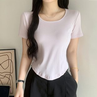 遮肚子上衣T恤 夏款 女装 短袖 正肩女胖mm纯欲不规则微胖显瘦打底衫