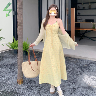 大码 女装 度假风甜美夏季 花边连衣裙碎花显瘦吊带裙防晒开衫
