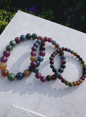 原创多彩巴西碧玺手链彩色原石旺夫珠子转运珠深色水晶多圈手串女