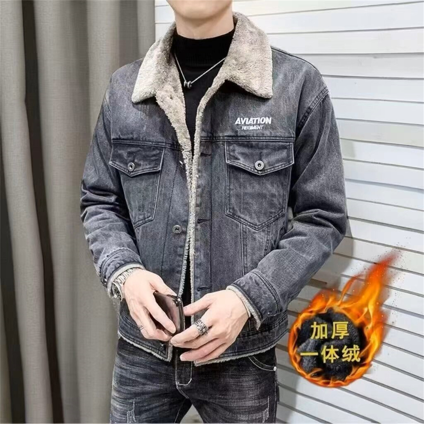 羊羔绒牛仔外套男式秋冬季加绒加厚保暖棉衣宽松工装夹克上衣棉服