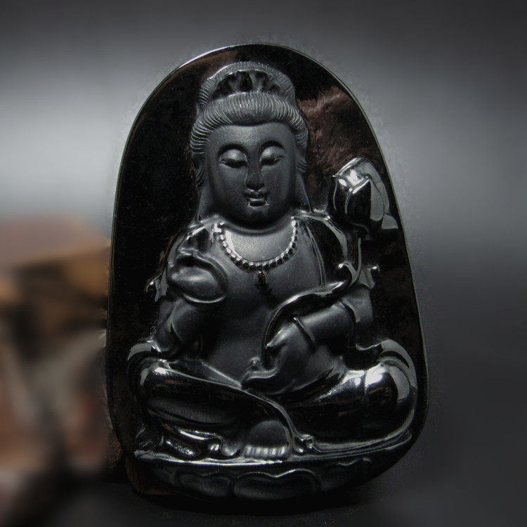 保真缅甸翡翠A货精品墨翠持莲观音挂牌玉吊坠磨砂工打光透绿送证