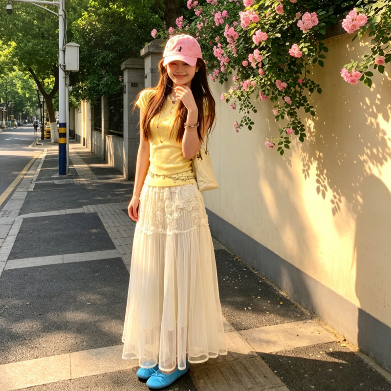 时尚气质奶黄色圆领薄款针织短袖上衣精致仙气花朵a字裙子套装