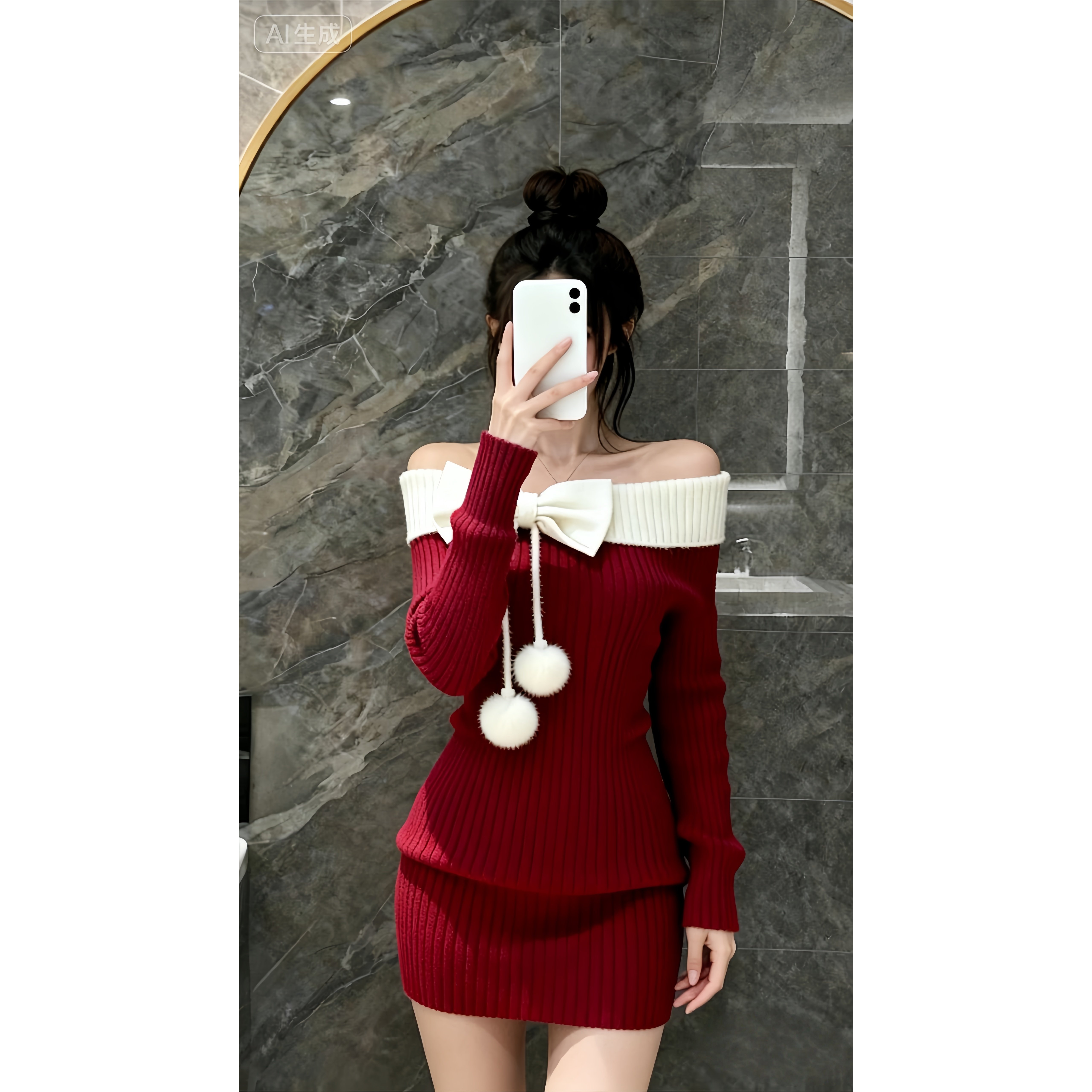 法式甜美风一整套针织连衣裙女秋冬季系带蝴蝶结长袖包臀短款裙子