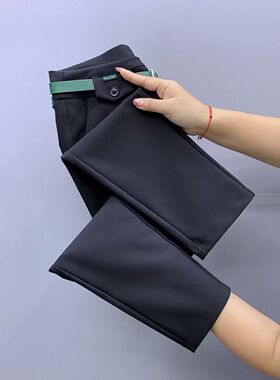 2026年春秋新款拼接撞色绿腰带黑色直筒裤韩版百搭弹力西服九分裤