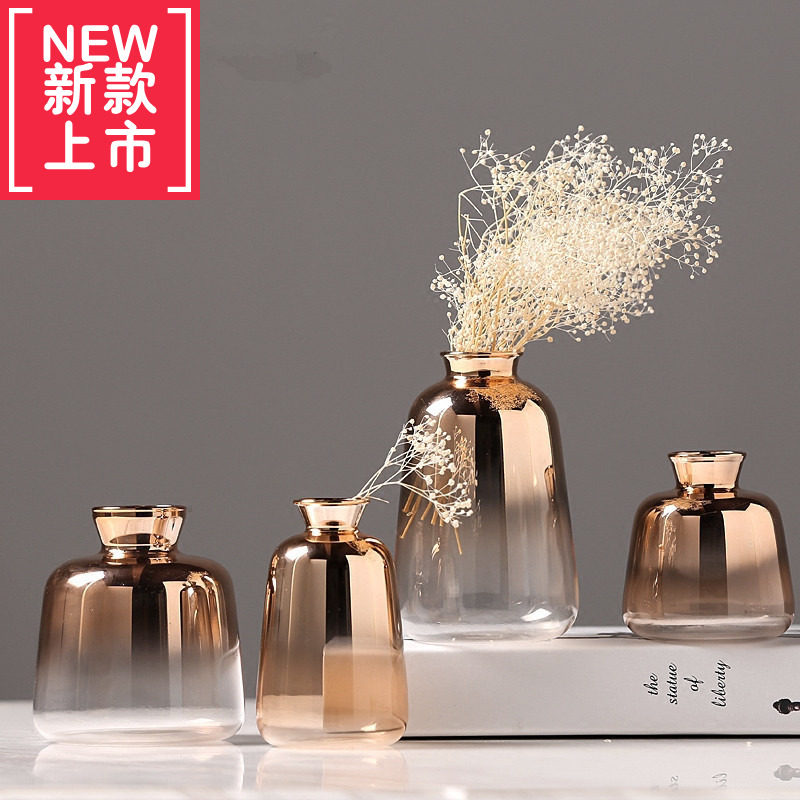 热卖 现代轻奢小口玻璃小花瓶 创意家居客厅电视柜摆件 干花花器