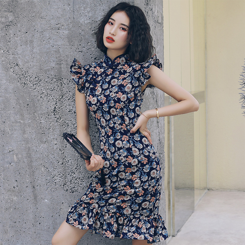 Cheongsam, short summer fresh elegant fitted dress, 2020, floral print