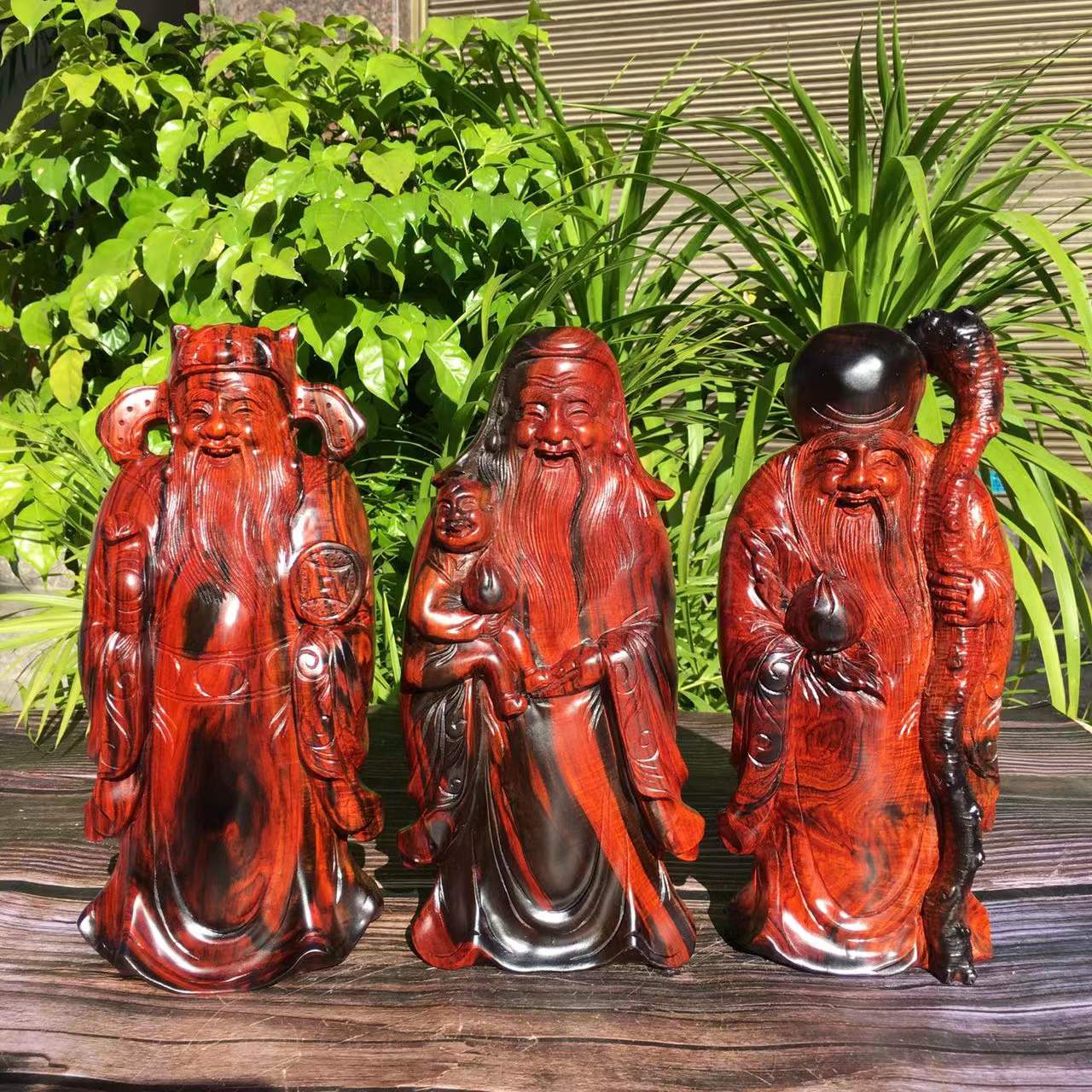 红木雕刻福禄寿三星喜财摆件老挝大红酸枝实木质寿星财神高照佛像