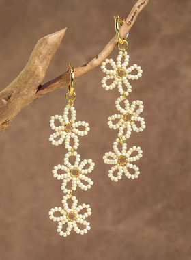 原创手工串珠奶油花度假风春夏耳饰无耳洞女蚊香盘耳夹甜美出片