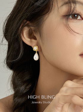 法式复古VINTAGE中古风水滴珍珠吊坠耳饰无耳洞女蚊香盘耳夹秋冬