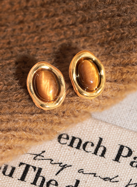 轻奢锦鲤天然虎眼石招米简约时髦耳饰无耳洞女蚊香盘耳夹高级秋冬